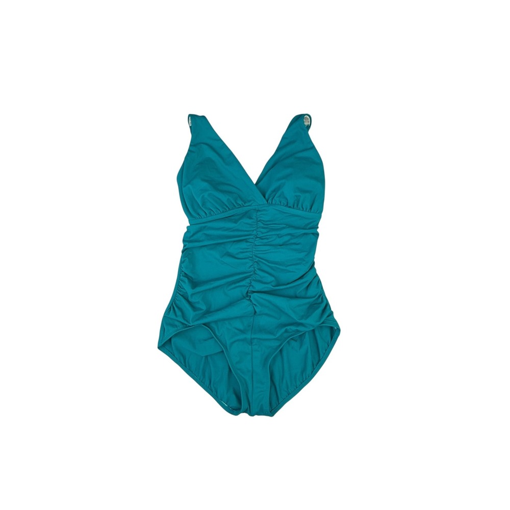 Jantzen One Piece Swimsuit Women 14 C/D Teal Ruched V-Neck Adjustable Straps